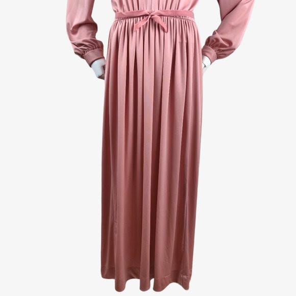 Vintage 1970s Rose Pink Slinky Maxi Dress Hostess Gown Grecian Drape Gathered M - Picture 5 of 14